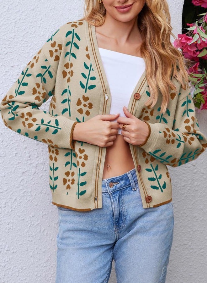 Saodimallsu Womens Floral Print V Neck Cardigan Open Front Button Down Knit Sweater Long Sleeve Loose Fashion Tops - Image 5
