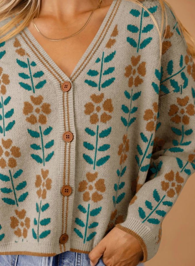 Saodimallsu Womens Floral Print V Neck Cardigan Open Front Button Down Knit Sweater Long Sleeve Loose Fashion Tops - Image 4