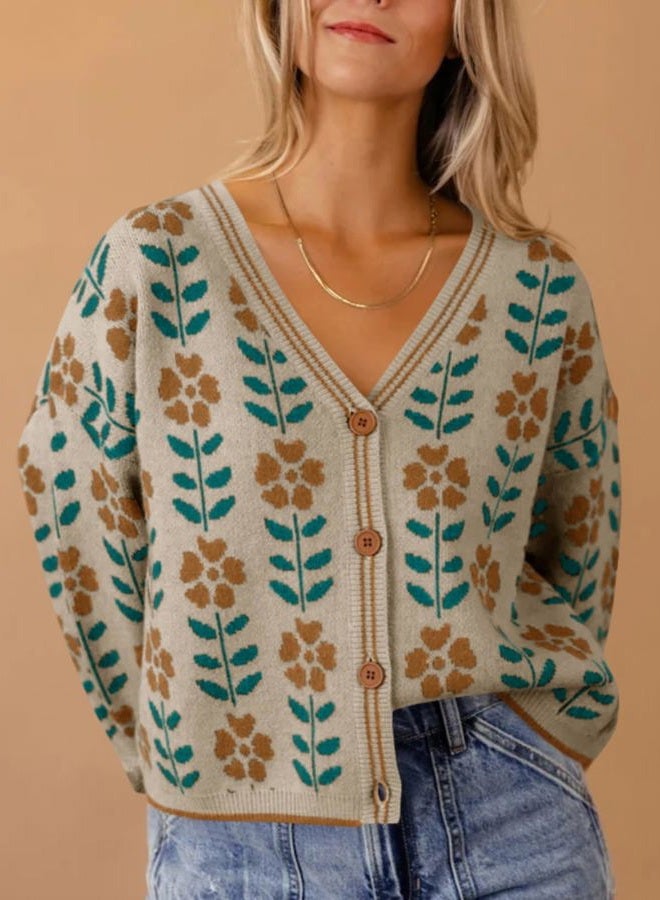 Saodimallsu Womens Floral Print V Neck Cardigan Open Front Button Down Knit Sweater Long Sleeve Loose Fashion Tops - Image 2