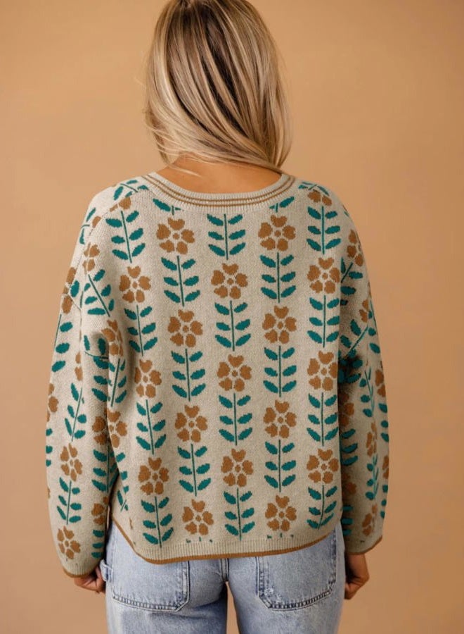 Saodimallsu Womens Floral Print V Neck Cardigan Open Front Button Down Knit Sweater Long Sleeve Loose Fashion Tops - Image 3