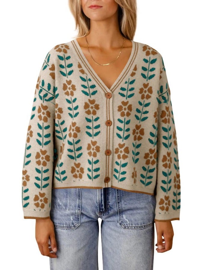 Saodimallsu Womens Floral Print V Neck Cardigan Open Front Button Down Knit Sweater Long Sleeve Loose Fashion Tops - Image 1