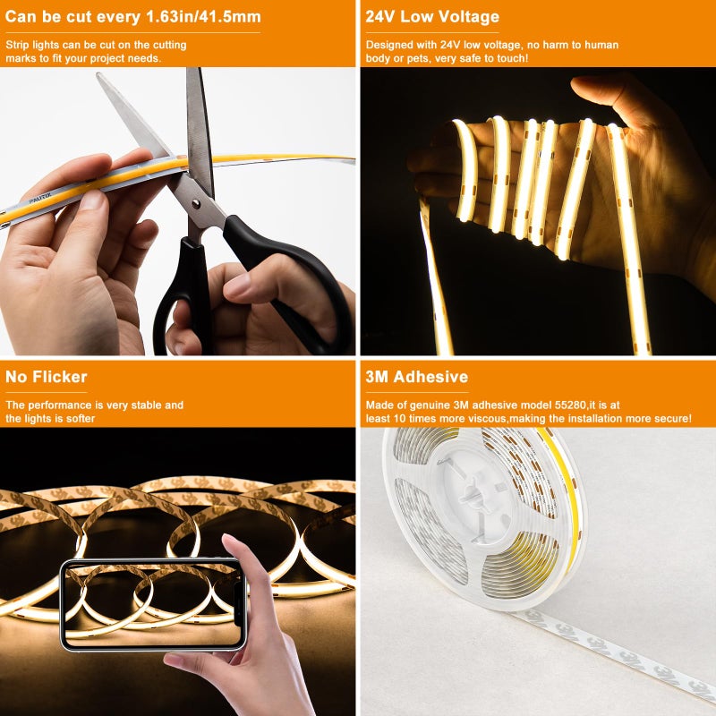 PAUTIX COB LED Strip Light 20ft/6.1m 3087LEDs Warm White 2700K CRI90+ High Lumen Super Bright,Lead-free Material Flexible DC24V LED Tape for Home&Office DIY Lighting Project(Power Supply Not Included) - Image 3
