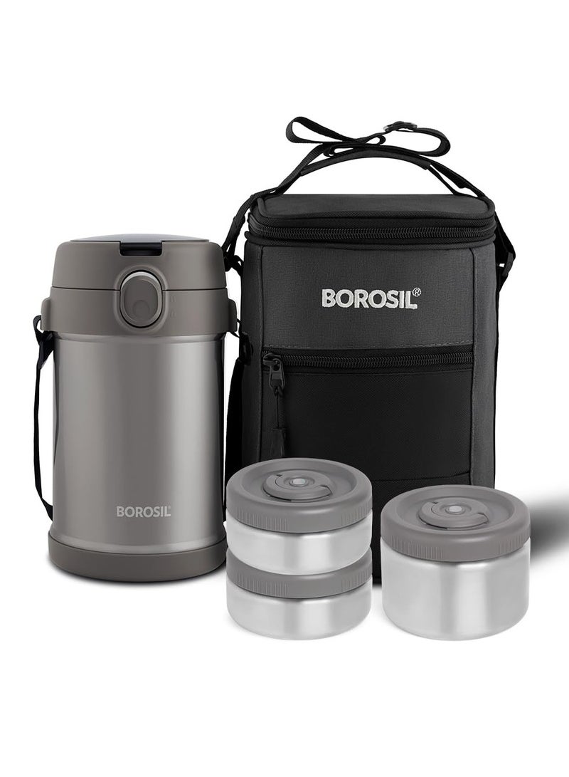 Borosil CarryMe Stainless Steel Lunch Box with Bag | 3 Pcs Set (320 ml x 2 + 600 ml x 1) | Insulated Lunch Box with Foldable Spoon | Keep Food Warms Up to 10 Hours | Grey  - Image 1
