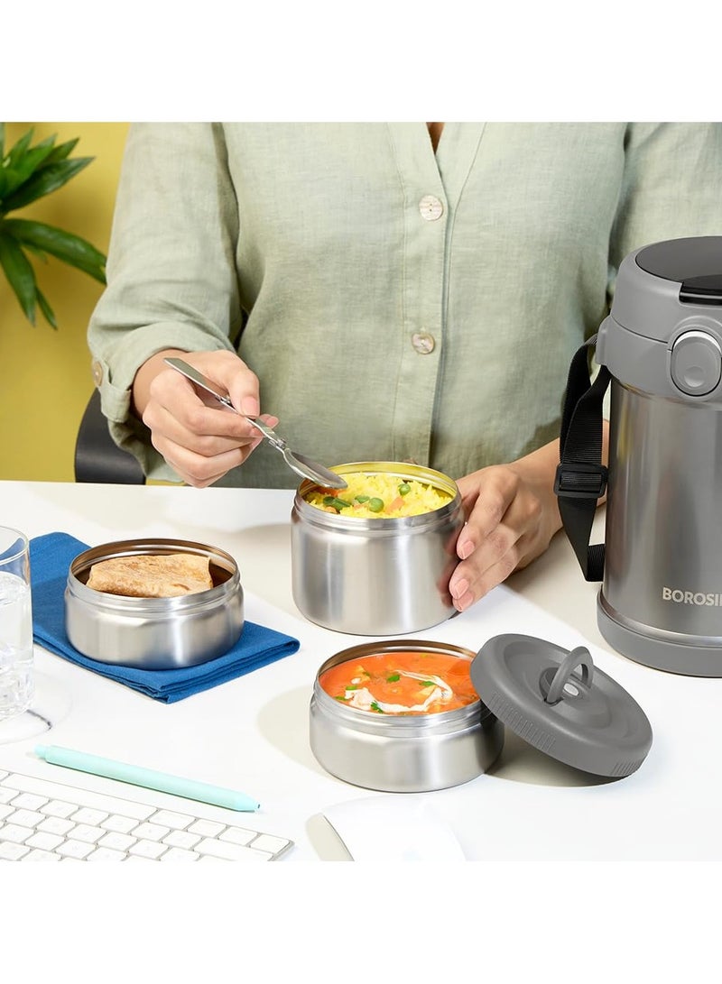 Borosil CarryMe Stainless Steel Lunch Box with Bag | 3 Pcs Set (320 ml x 2 + 600 ml x 1) | Insulated Lunch Box with Foldable Spoon | Keep Food Warms Up to 10 Hours | Grey  - Image 5