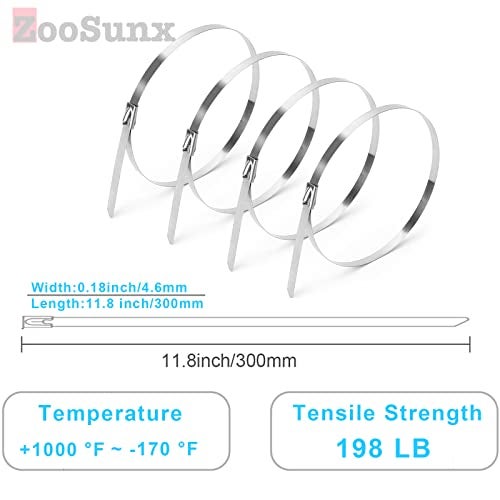 ZOOSUNX Metal Zip Ties (100PCS 11.8 Inch), 304 Stainless Steel, Heavy Duty Self-locking Cable Ties, for Exhaust Wrap, Chain Link Fence Parts, Heat Resistant Fencing Tie. for Pipe, Auto repair. - Image 3