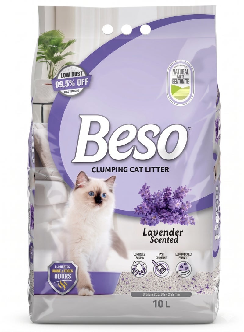 Beso Lavender Clumping Cat Litter 10L – 99.5% Dust-Free Bentonite, Strong Odor Control, Fast Clumping, Long-Lasting Freshness - Image 1