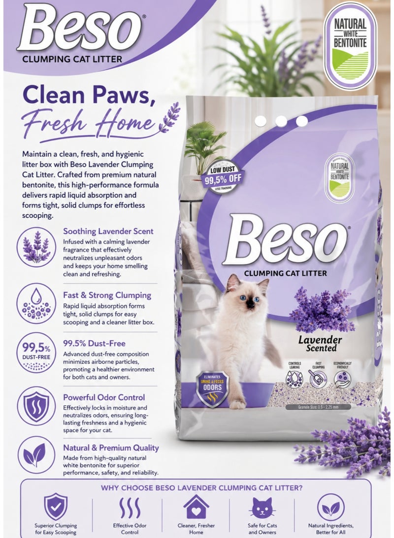 Beso Lavender Clumping Cat Litter 10L – 99.5% Dust-Free Bentonite, Strong Odor Control, Fast Clumping, Long-Lasting Freshness - Image 2