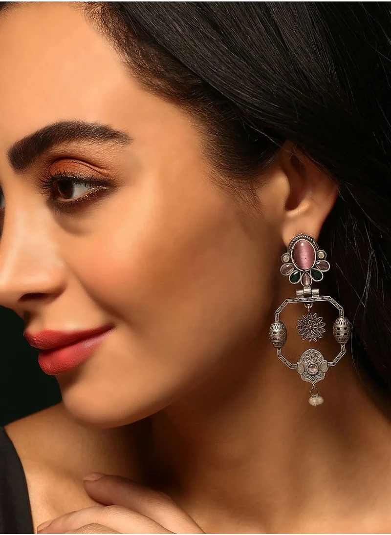 Priyaasi Plated Crystal Studded Oxidized Contemporary Drop Earrings