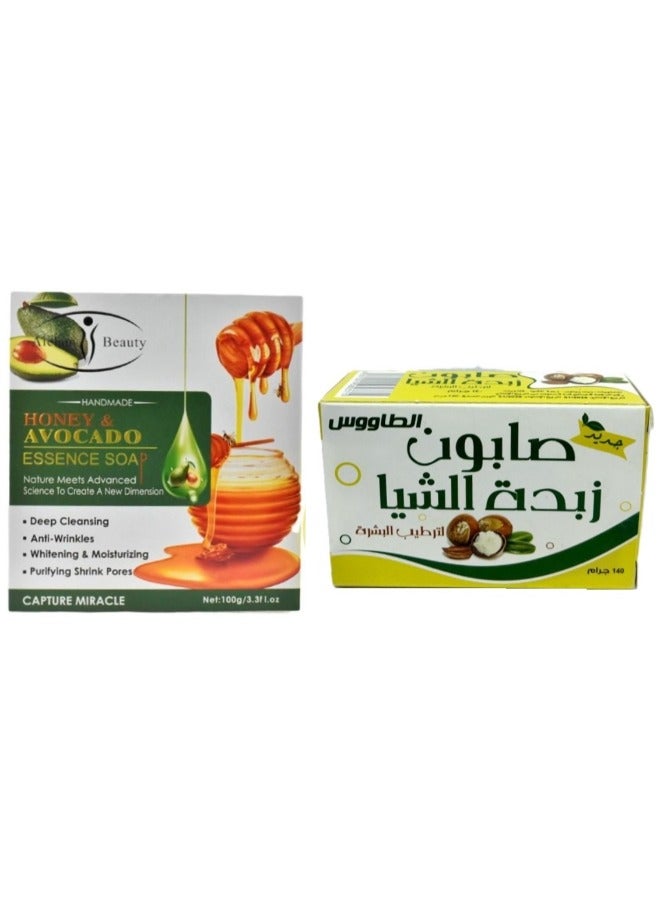 Taous Shea Butter Soap 140 Gm plus Aichun Beauty Handmade Honey And Avocado Essence Soap 100 Gm - Image 1