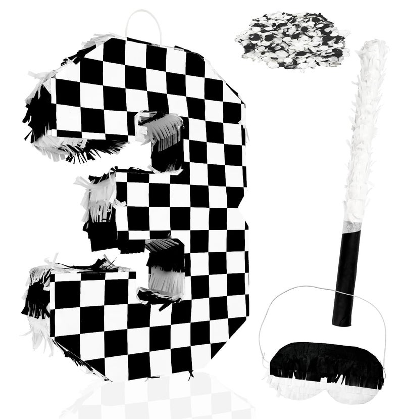 MUNILAIL Checkered Number 3 Pinata Black and White Checkered Pinata with Stick and Blindfold Confetti for 3rd Birthday Racing Car Party Game Supplies Race Car Pinata - Image 3
