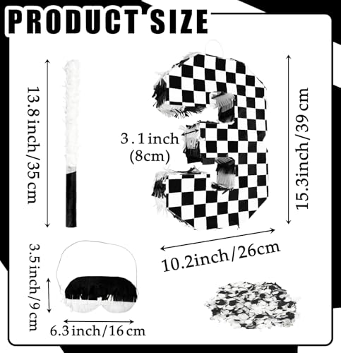 MUNILAIL Checkered Number 3 Pinata Black and White Checkered Pinata with Stick and Blindfold Confetti for 3rd Birthday Racing Car Party Game Supplies Race Car Pinata - Image 5