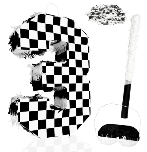 MUNILAIL Checkered Number 3 Pinata Black and White Checkered Pinata with Stick and Blindfold Confetti for 3rd Birthday Racing Car Party Game Supplies Race Car Pinata - Image 1