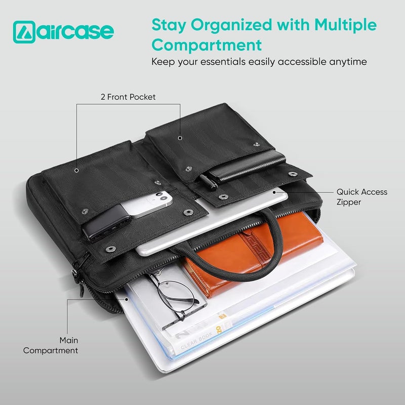 AirCase حقيبة رسائل لابتوب احترافية (حتى 15.6 بوصة) حقيبة مكتب متميزة للرجال والنساء | حقيبة كتف للسفر مع حزام عربة، وأقسام متعددة مبطنة وجيوب، بسحاب YKK (أسود) - Image 2