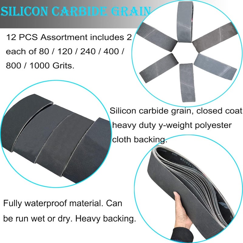Tonmp 12 PCS 4 x 36 Inch Silicon Carbide Sanding Belts Assortment- 80, 120, 240, 400, 800, 1000 Grits Premium Sander Belts For Knife Sharpening and Metalworking - Image 4