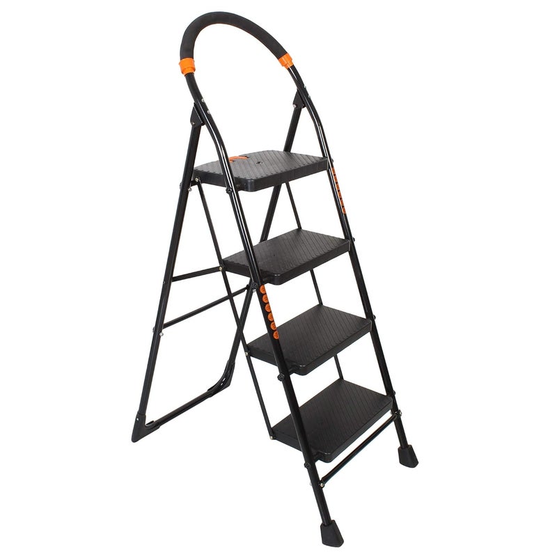 OBBO OBBO Nishika 4Step Heavy Duty Steel Ladder for Home Office Wide Steps Top Platform AntiSlip AntiSkid Shoes MultiPurpose Step Stool for Industrial Home Use Black  - Image 1