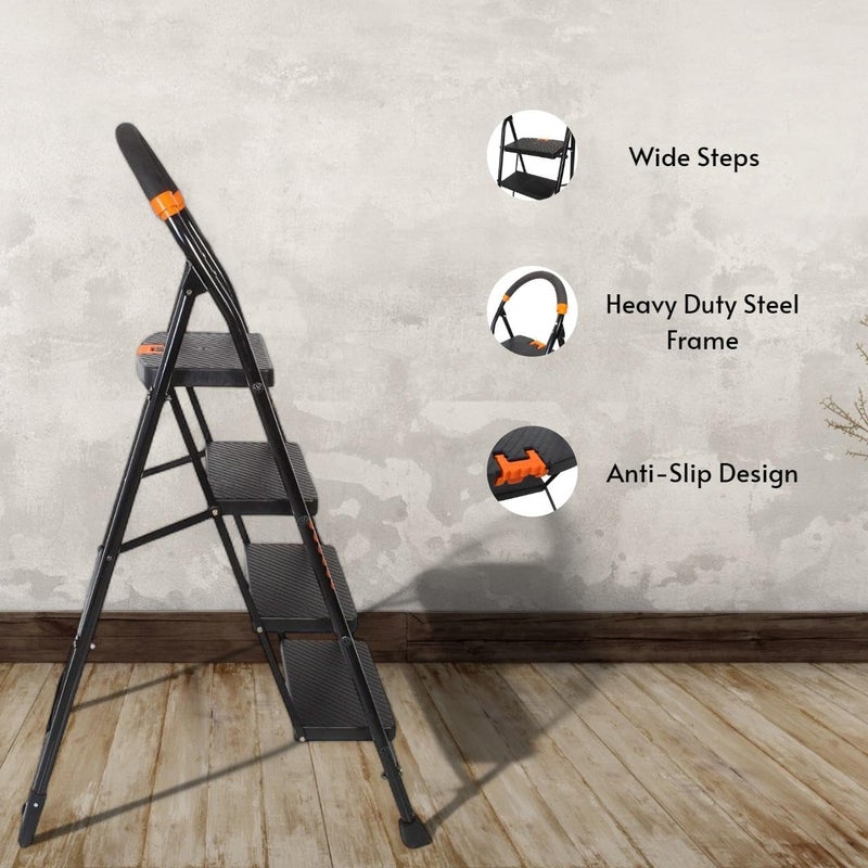 OBBO OBBO Nishika 4Step Heavy Duty Steel Ladder for Home Office Wide Steps Top Platform AntiSlip AntiSkid Shoes MultiPurpose Step Stool for Industrial Home Use Black  - Image 5