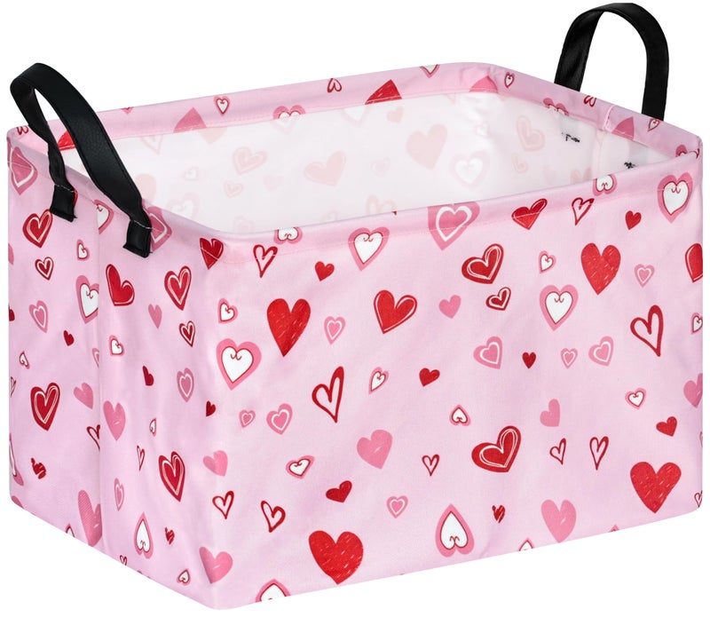 KUNRO Rectang Heart Pattern Valentine's Storage Basket Gift Shelf Basket Storage Bin, Nursery Basket Organizer Box for With Handles for Room Deco - Image 1