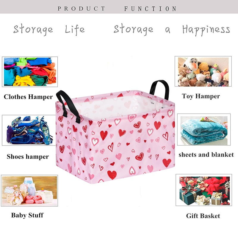 KUNRO Rectang Heart Pattern Valentine's Storage Basket Gift Shelf Basket Storage Bin, Nursery Basket Organizer Box for With Handles for Room Deco - Image 5