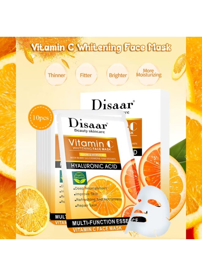 Disaar 10Pcs Vitamin C Whitening Face Mask Hyaluronic Acid Multi Function Essence Anti Aging Repair Nourishment Rejuvenating Cleansing Essence Vitamin C Face Mask Face Whitening Glutathione Face Mask - Image 4