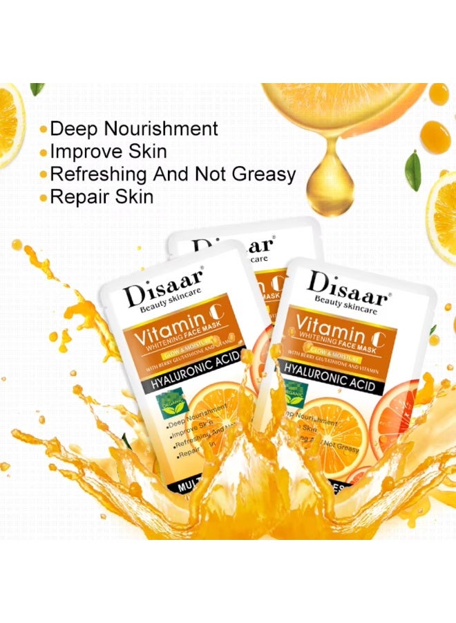 Disaar 10Pcs Vitamin C Whitening Face Mask Hyaluronic Acid Multi Function Essence Anti Aging Repair Nourishment Rejuvenating Cleansing Essence Vitamin C Face Mask Face Whitening Glutathione Face Mask - Image 5