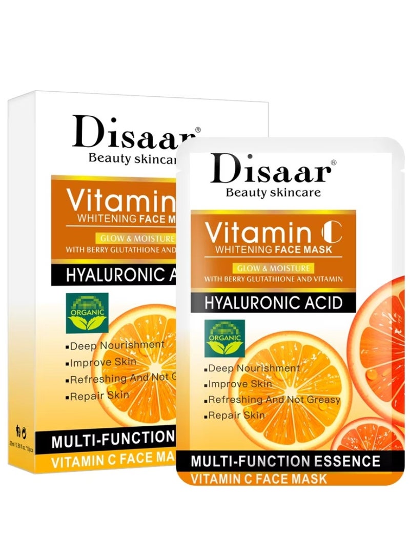 Disaar 10Pcs Vitamin C Whitening Face Mask Hyaluronic Acid Multi Function Essence Anti Aging Repair Nourishment Rejuvenating Cleansing Essence Vitamin C Face Mask Face Whitening Glutathione Face Mask - Image 1