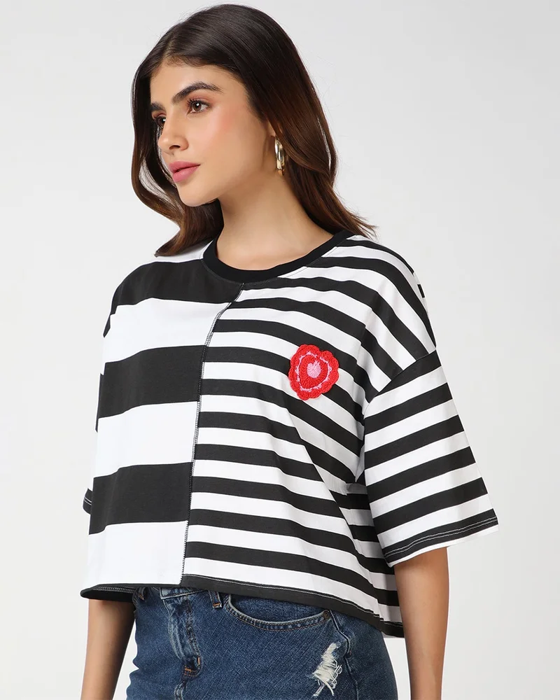 bewakoof Women's Bright White & Black Striped Oversized Crop T-shirt