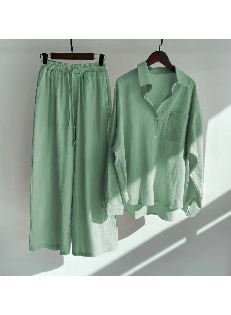 Women's cotton linen two-piece shirt and pants 