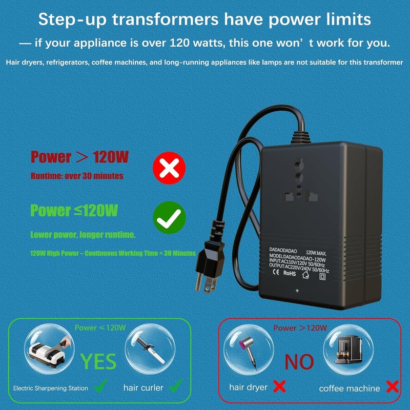 Dadaodadao Voltage Converter 110v to 220v 110v to 220v adapter 110v to 220v Converter 110 to 220 Voltage Converter Step Up Transformer 110v to 220v 120 to 240 voltage converter 110 to 220 adapter plug (120W-GND) - Image 3