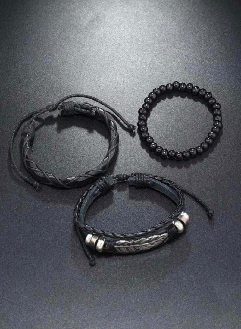 جوليري إيفريداي طقم 3 اساور رجالية أنيقة مصنوعة من الجلد الاصطناعي والخرز - Image 4