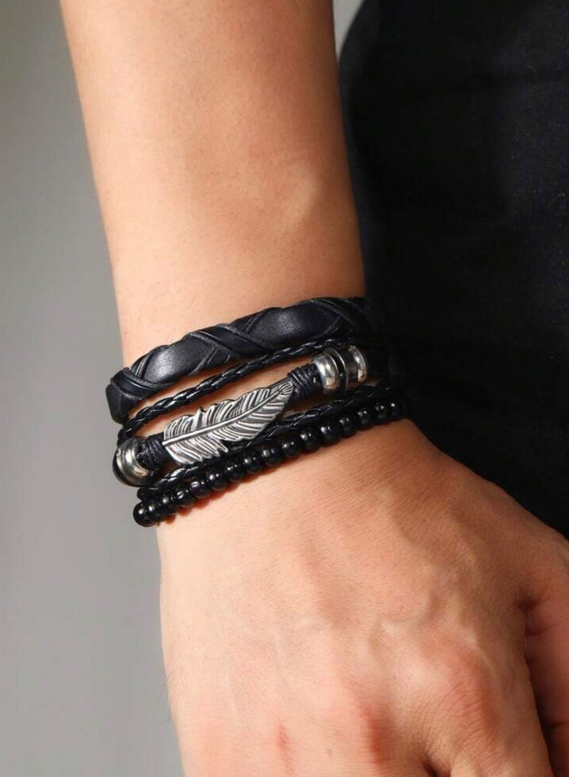 جوليري إيفريداي طقم 3 اساور رجالية أنيقة مصنوعة من الجلد الاصطناعي والخرز - Image 1