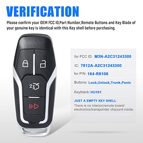 Keymall Remote Key Fob Case Shell Cover for Ford Edge/Explorer/Fusion/Mustang for Lincoln MKC/MKX(FCC ID:M3N-A2C31243300 P/N:164-R8108) 4 Buttons,Just A Key Shell - Image 3
