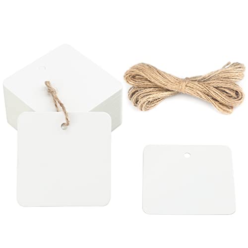 G2PLUS White Paper Gift Tags with String, 100PCS Square Hang Tags, 2.2 in Blank Present Label Tag for Gift Wrapping, Pricing, DIY Arts and Crafts, Christmas, Wedding Party Favors - Image 1