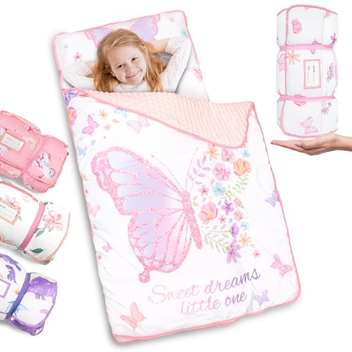 Primlect Thickened Toddler Nap Mat with Removable Pillow and Minky Blanket Extra Large 55x35 Sleeping Bag Washable Roll up Perfect for Daycare Preschool Kindergarten Girls Butterfly - Image 1