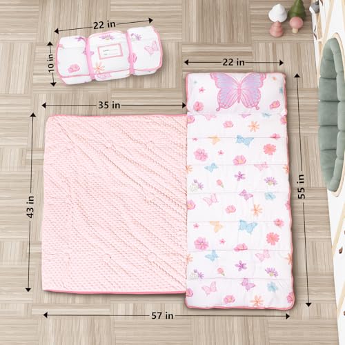 Primlect Thickened Toddler Nap Mat with Removable Pillow and Minky Blanket Extra Large 55x35 Sleeping Bag Washable Roll up Perfect for Daycare Preschool Kindergarten Girls Butterfly - Image 5