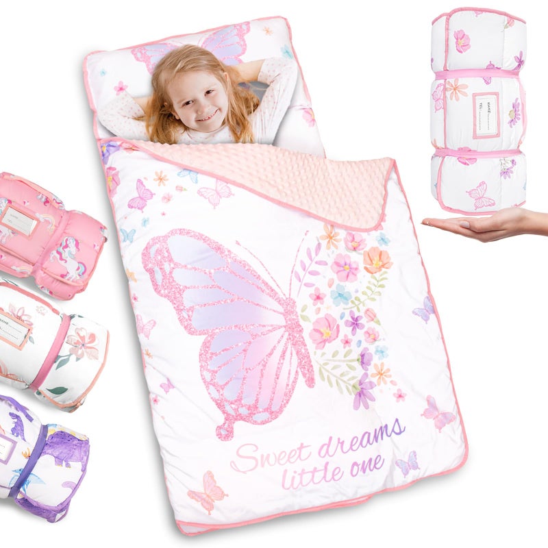 Primlect Thickened Toddler Nap Mat with Removable Pillow and Minky Blanket Extra Large 55x35 Sleeping Bag Washable Roll up Perfect for Daycare Preschool Kindergarten Girls Butterfly - Image 2