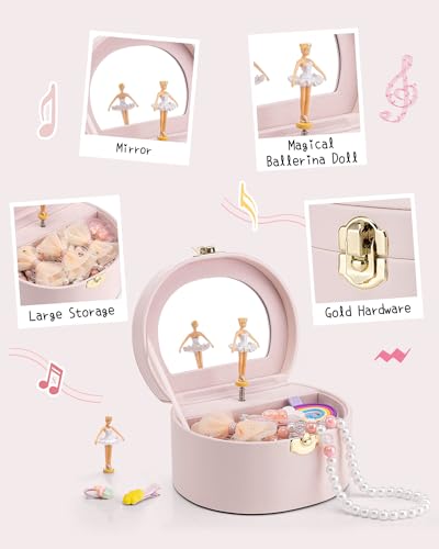 Vlando Musical Jewelry Box for Girls - Birthday for Girls Ages 4 5 6 7 8-12 Year Old - Kid Music Box with Ballerina for Birthday Bedroom Decor - Light Pink - Image 5