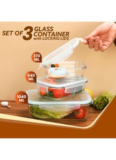 AGARO AGARO Borosilicate Glass Containers with Lids, 3 pcs Set, 370ml, 640ml &1040ml, Kitchen, Microwave, Oven & Freezer Safe, Baking Dish, Rectangle, Baking Tray, Scratch Resistant, Transparent  - Image 2