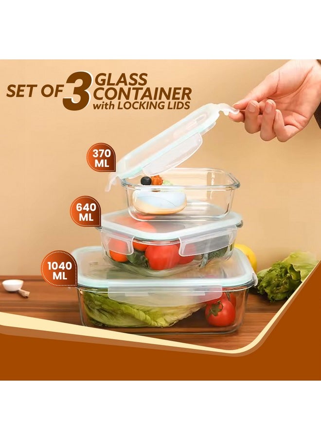 AGARO - AGARO Borosilicate Glass Containers with Lids, 3 pcs Set, 370ml, 640ml &1040ml, Kitchen, Microwave, Oven & Freezer Safe, Baking Dish, Rectangle, Baking Tray, Scratch Resistant, Transparent - Image 1