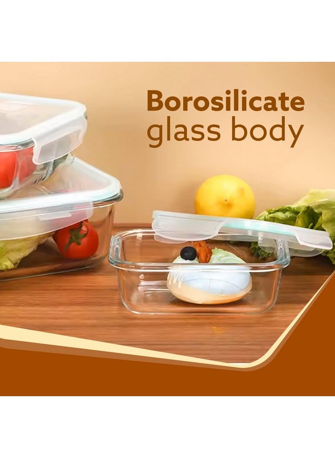 AGARO - AGARO Borosilicate Glass Containers with Lids, 3 pcs Set, 370ml, 640ml &1040ml, Kitchen, Microwave, Oven & Freezer Safe, Baking Dish, Rectangle, Baking Tray, Scratch Resistant, Transparent - Image 1