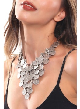 Women's Antique Silver Plated Tugra Printed Sequin Detailed Handmade Design Necklace
