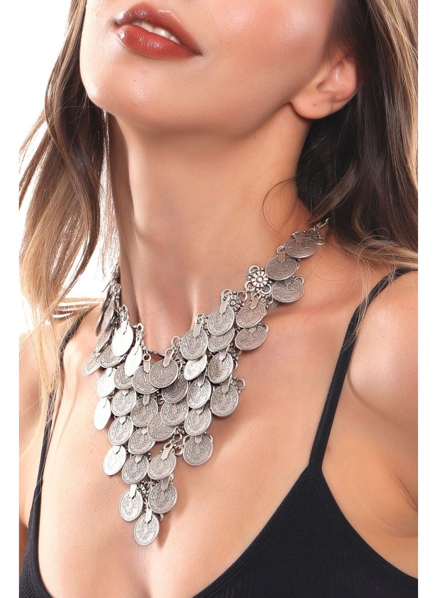 Labalaba - Women's Antique Silver Plated Tugra Printed Sequin Detailed Handmade Design Necklace - Image 1