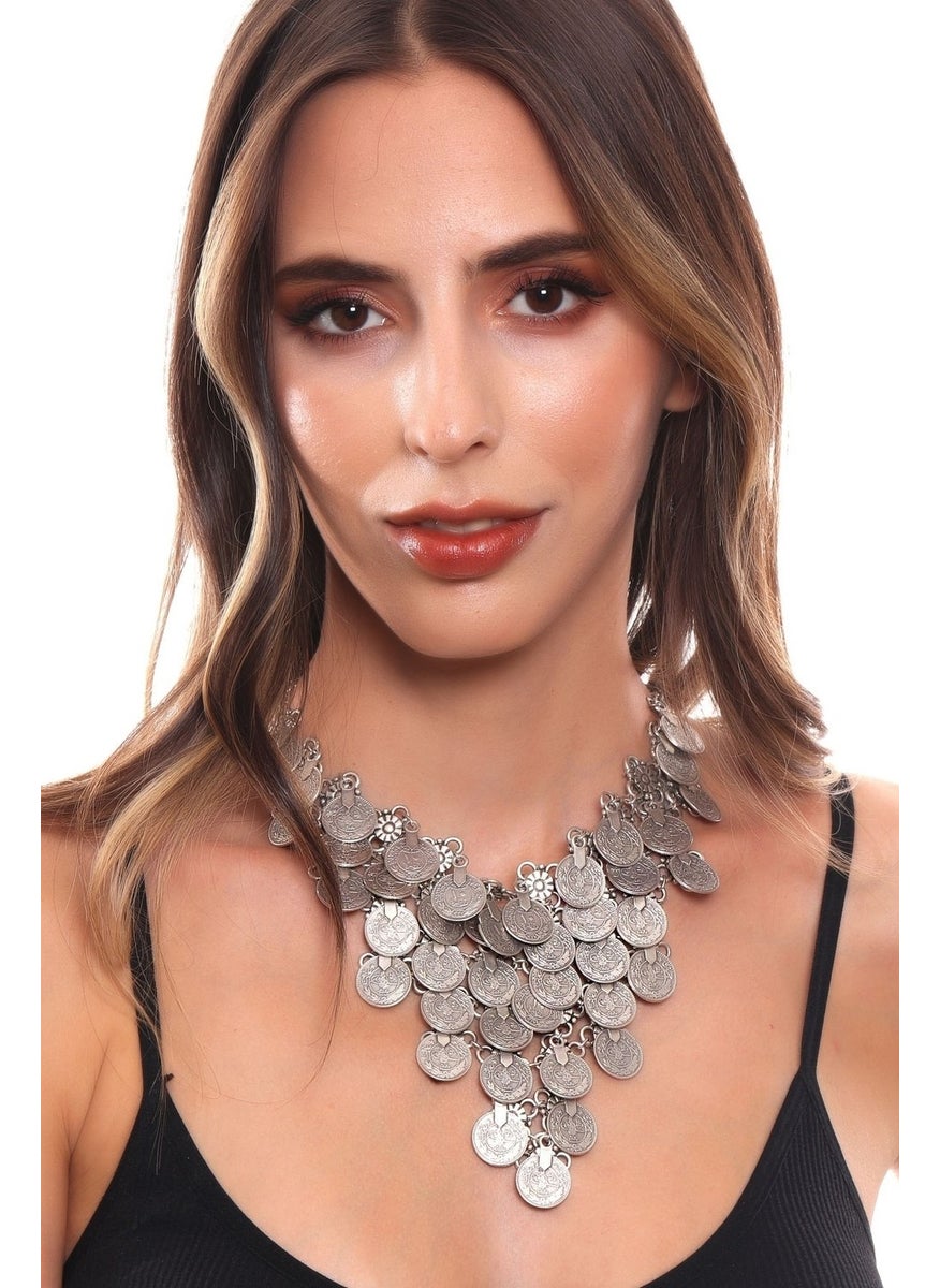 Labalaba - Women's Antique Silver Plated Tugra Printed Sequin Detailed Handmade Design Necklace - Image 1