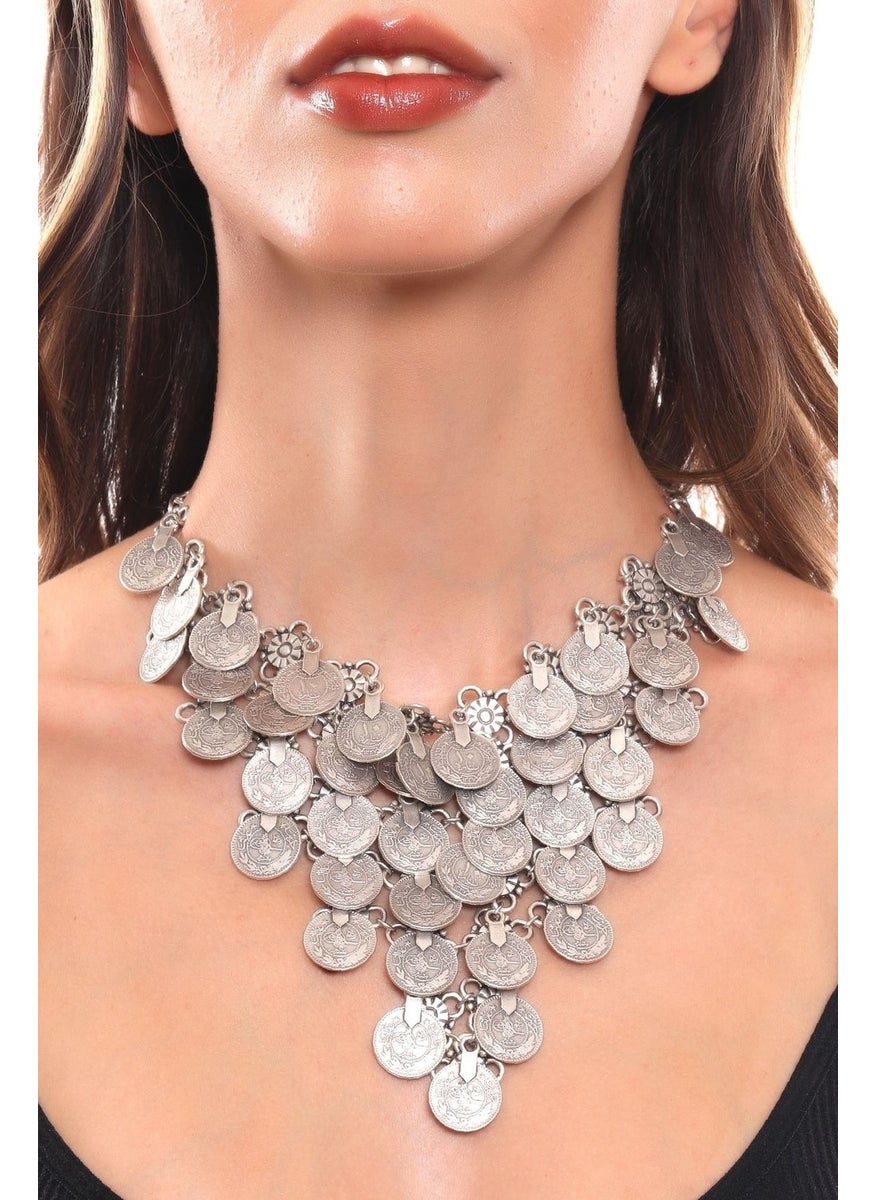 Labalaba - Women's Antique Silver Plated Tugra Printed Sequin Detailed Handmade Design Necklace - Image 1