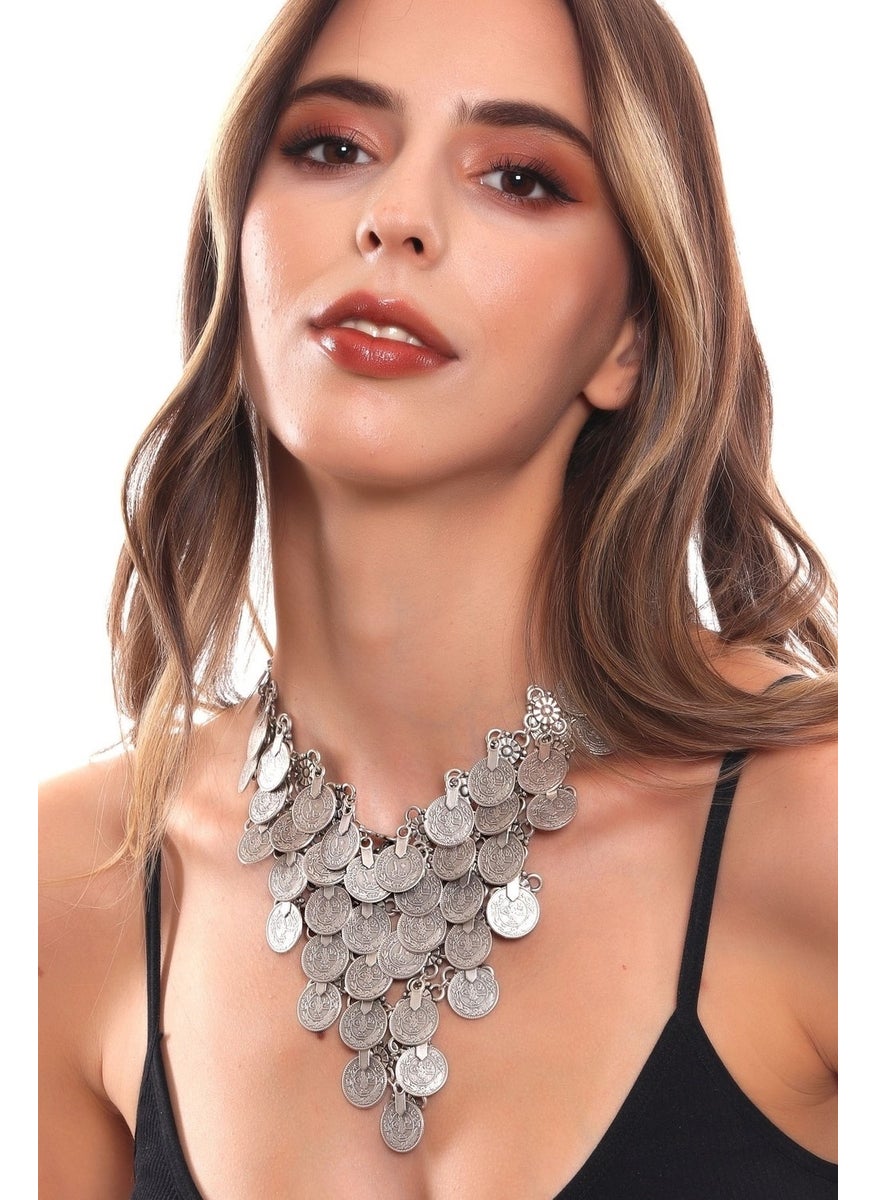 Labalaba - Women's Antique Silver Plated Tugra Printed Sequin Detailed Handmade Design Necklace - Image 1