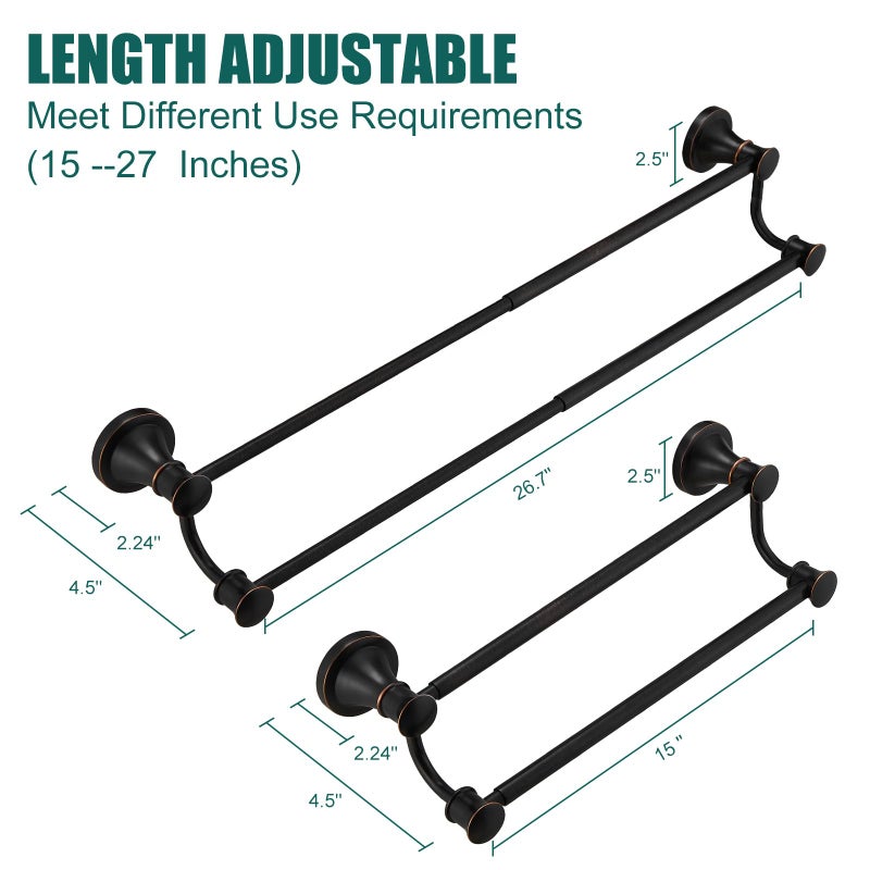 Hoimpro Adjustable Retractable 15-27 Inches Stainless Steel Bathroom Towel Bar, Bathroom Accessories Bath Hotel Double Towel Bar Rod Hanger Wall Mounted Towel Holder Towel Rack, Oil Rubbed Bronze - Image 4