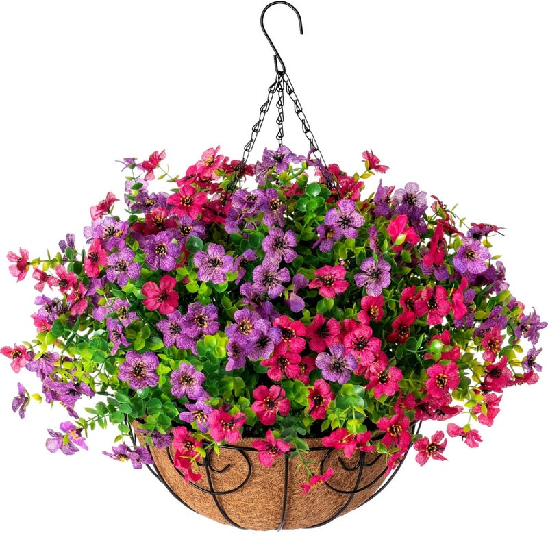 HyeFlora Artificial Faux Hanging Plants Flowers Basket for Spring Summer Outdoor Outside Decoration, Fake Silk Colorful Daisy Eucalyptus in Planter UV Resistant Realistic for Porch Patio Balcony Yard - Image 1