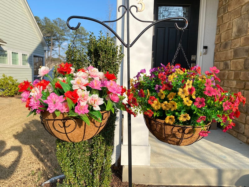 HyeFlora Artificial Faux Hanging Plants Flowers Basket for Spring Summer Outdoor Outside Decoration, Fake Silk Colorful Daisy Eucalyptus in Planter UV Resistant Realistic for Porch Patio Balcony Yard - Image 2
