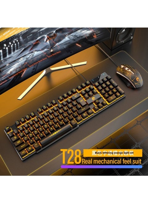 Mechanical Feel Keyboard Mouse Suit Wired Desktop Computer Notebook Game E-sports Typing USB-Color:Mechanical Feel - 1 Year Warranty - Black Characters Orange Light Keyboard + 4d E-sports Mouse - No - 104 Keys - Official Standard