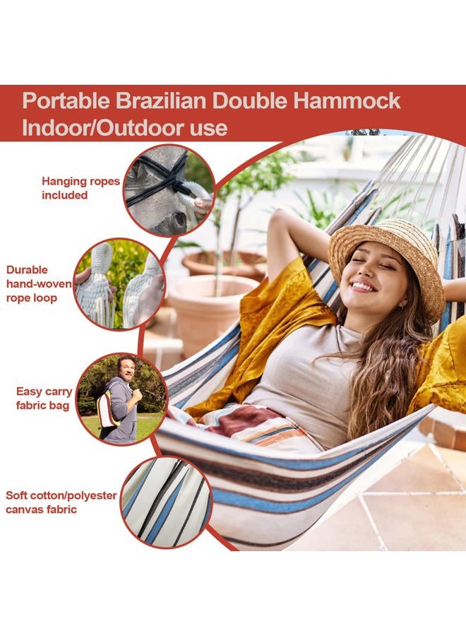 JoyView Brazilian Hammock for Single Preson Portable Hammock with Hanging Ropes & Carry Bag Large 78.8x39.4” Cotton Hammock for Patio 300LBS Capacity Perfect for Outdoor/Indoor - Color Stripes - Image 2