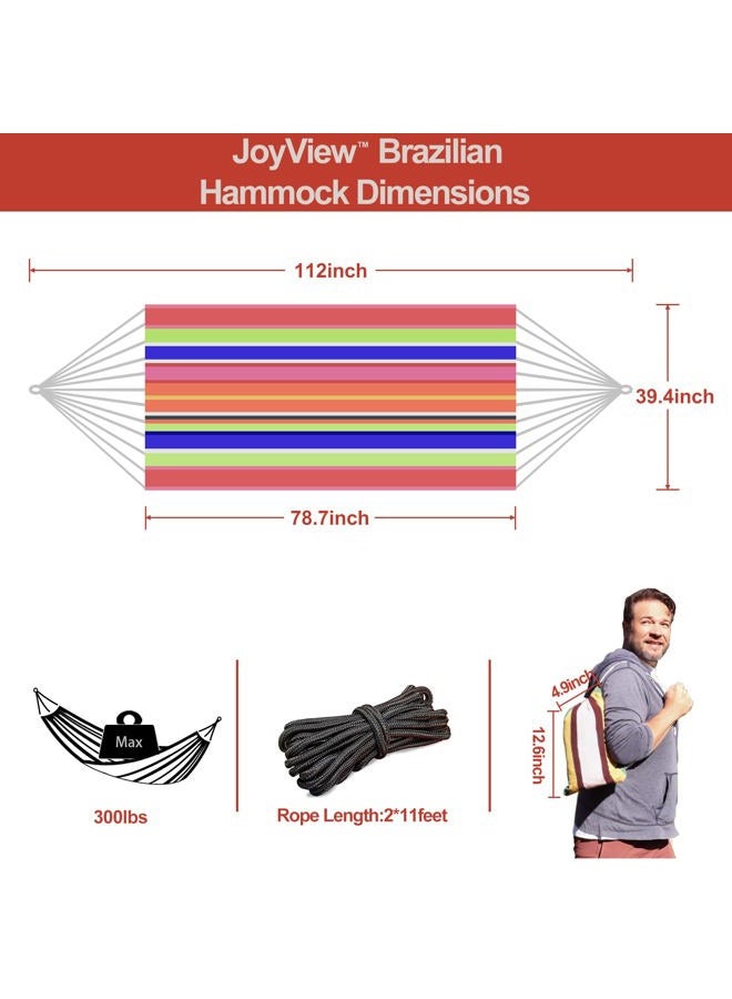 JoyView Brazilian Hammock for Single Preson Portable Hammock with Hanging Ropes & Carry Bag Large 78.8x39.4” Cotton Hammock for Patio 300LBS Capacity Perfect for Outdoor/Indoor - Color Stripes - Image 3